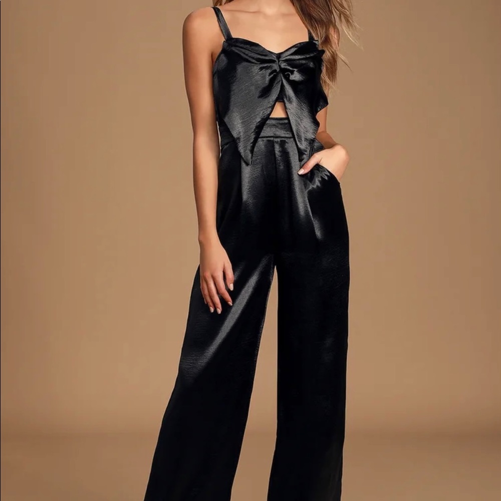 New - Black Satin cutout wide leg jumpsuit